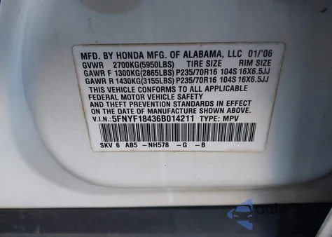 2006 Honda Pilot Ex из США, поврежденный, VIN 5FNYF18436B014211